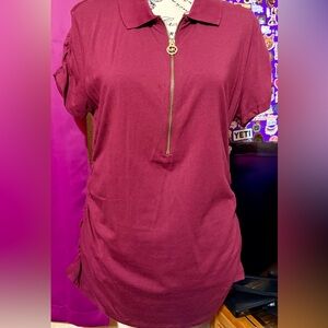 NWT Michael Kors Maroon/burgendy Short Sleeve Top with Gold Zip